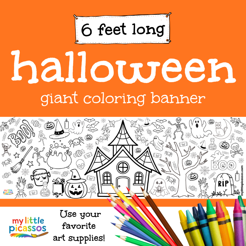 Halloween giant coloring banner for kids by My Little Picassos in New York City, featuring ghosts, pumpkins, and a haunted house.