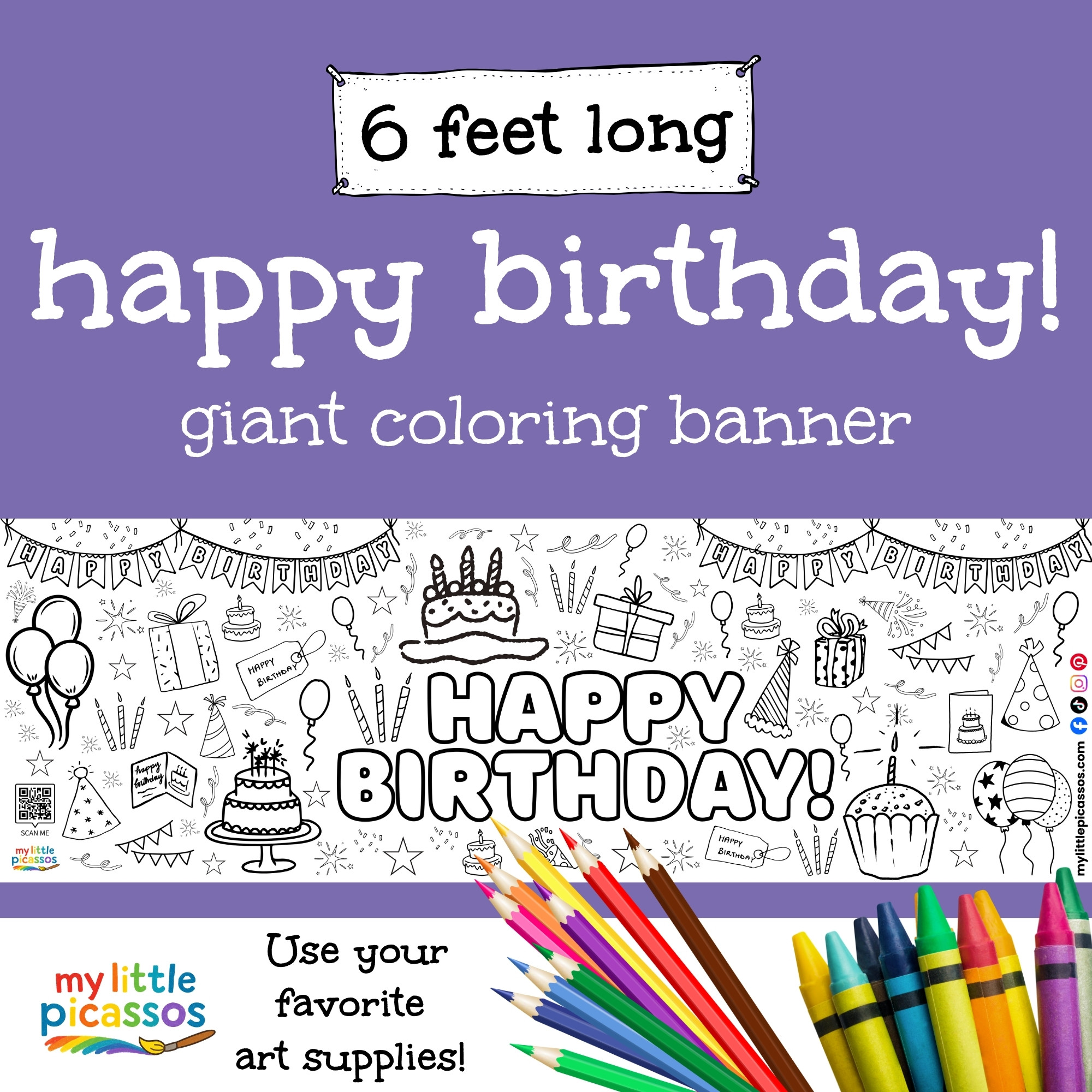 happy birthday birthday coloring banner – 6 foot kids party activity with balloons, cake, gifts and confetti