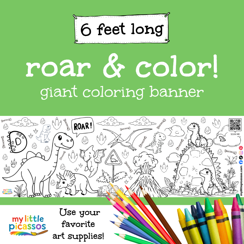 Giant dinosaur coloring banner with T-rex, triceratops, and stegosaurus illustrations — 6 feet long, designed for kids’ coloring fun.