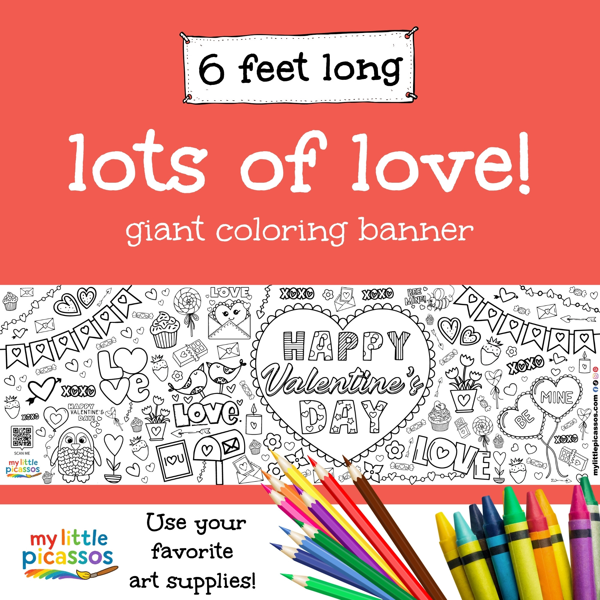 Lots of Love valentines day coloring banner – 6 foot kids activity with hearts, love notes, mailbox, cupcakes, love birds, and penguin