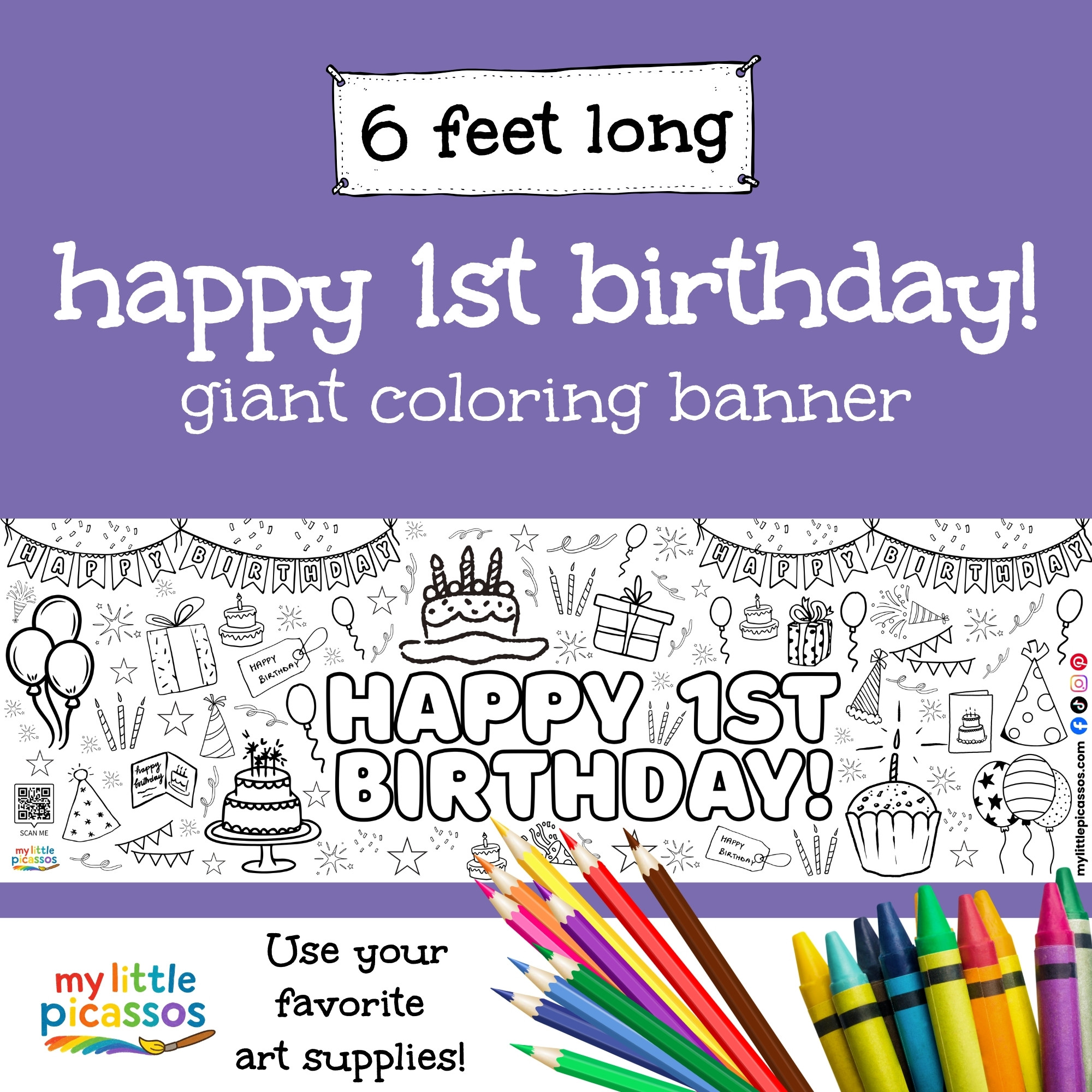 happy first birthday birthday coloring banner – 6 foot kids party activity with balloons, cake, gifts and confetti