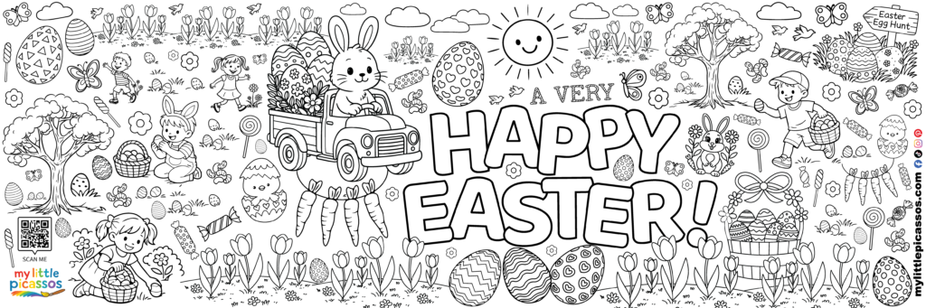 A giant Easter coloring banner packed with bunnies, eggs, flowers, and springtime fun — perfect for Easter celebrations, classrooms, and creative holiday play.