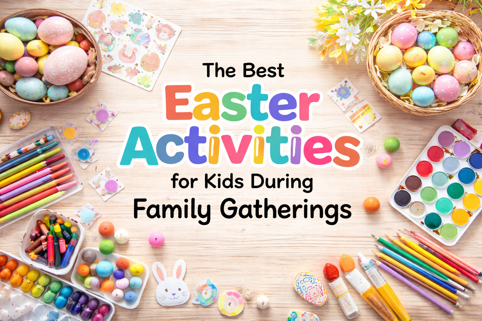 Easter kids activity table with art supplies, eggs, and creative activities for family gatherings