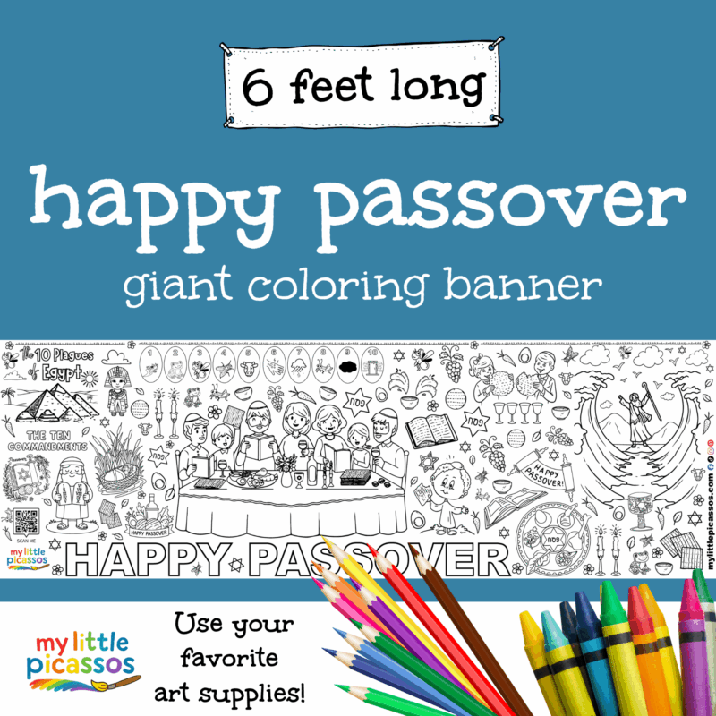Passover coloring banner for kids with festive holiday-themed illustrations
