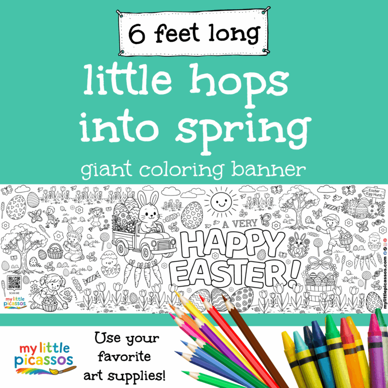 Little Hops Into Spring Easter coloring banner featuring bunnies, Easter eggs, flowers, chicks, and spring-themed illustrations