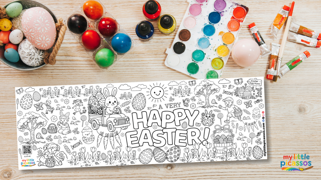 Happy Easter giant coloring banner with art supplies and decorated eggs for a non-candy Easter gift idea