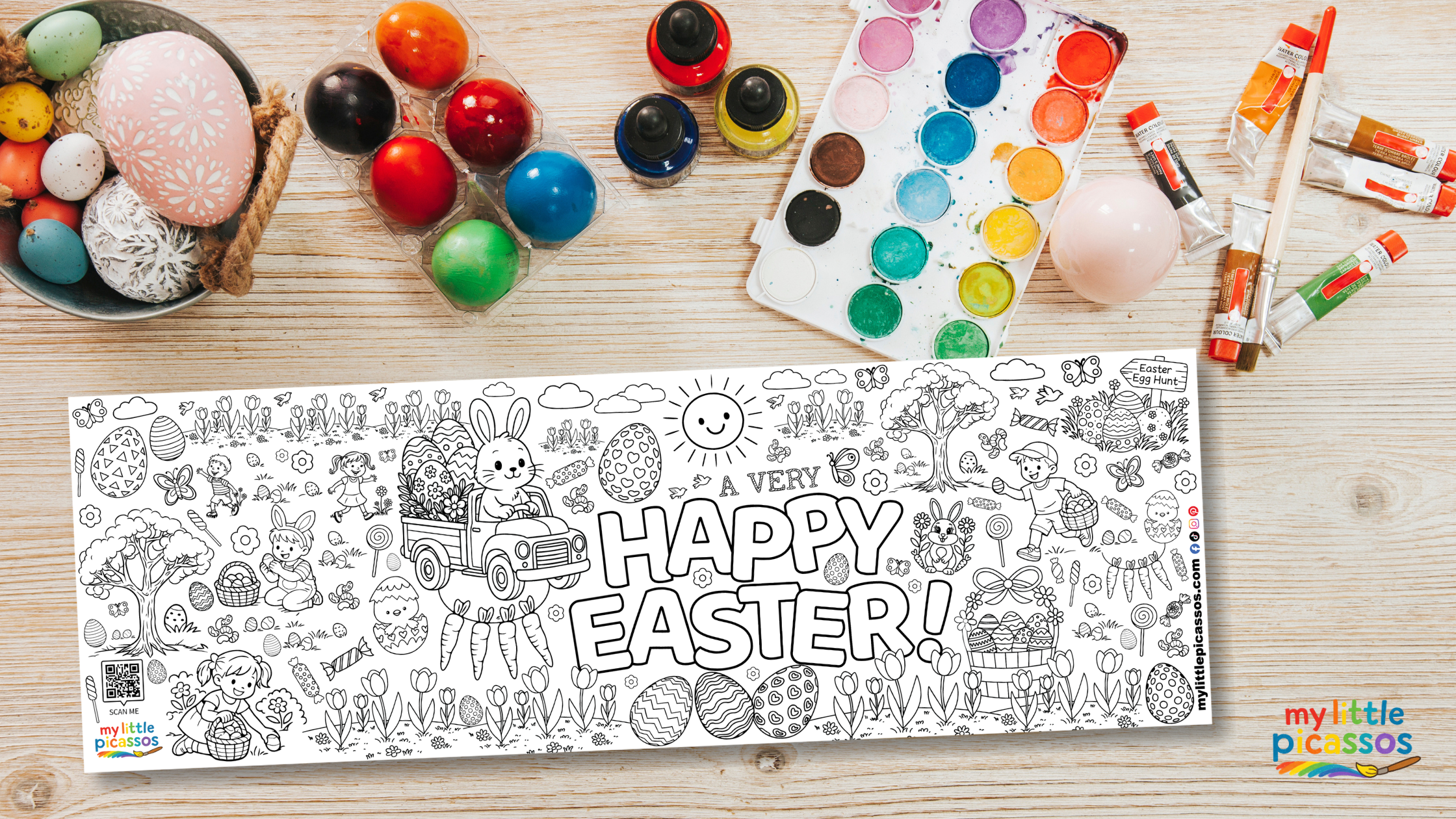 Happy Easter giant coloring banner with art supplies and decorated eggs for a non-candy Easter gift idea