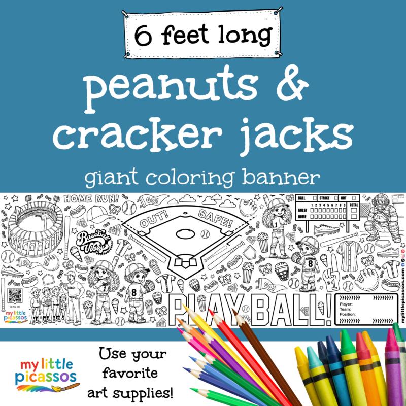 Peanuts & Cracker Jacks coloring banner for kids with baseball-themed illustrations