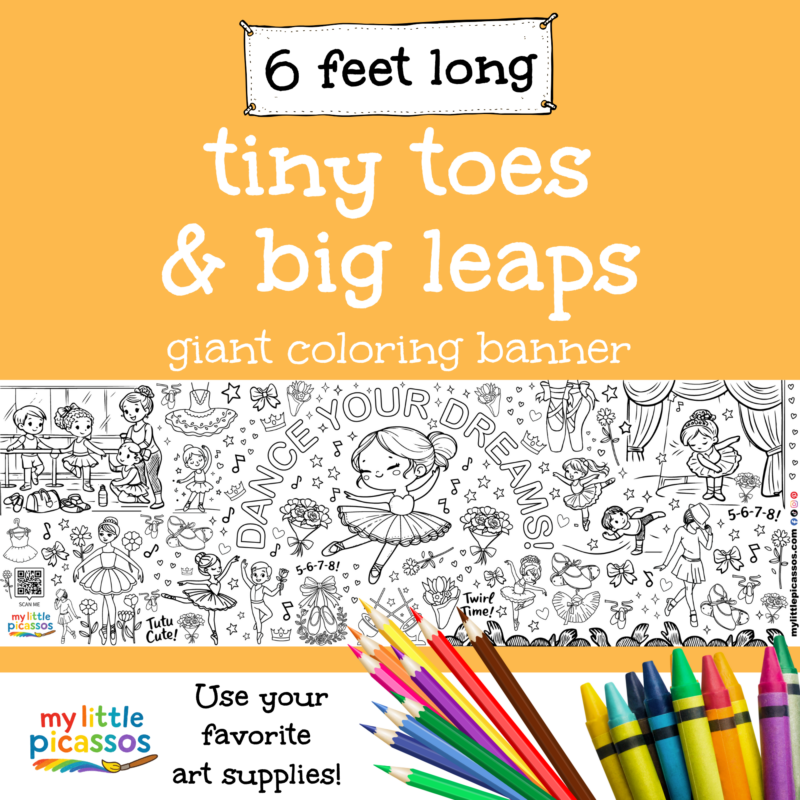 Tiny Toes & Big Leaps coloring banner for kids with dance-themed illustrations